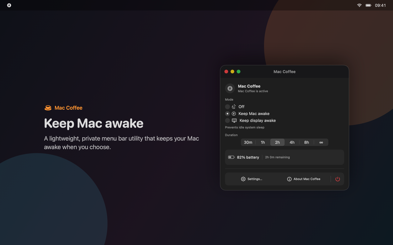 Mac Coffee menu-bar panel with an active two-hour wake session
